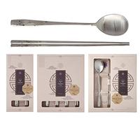 BALWOO [5 Sets] Orchid Design Korean Style Sticky Rice Spoon Chopsticks Set Silverware Set 304 Stainless Steel Cutlery Set Soup Spoon Ramen Chopsticks Flatware (5 Sets)