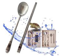 BALWOO [Made in Korea] Hologram Turtle Design Korean Table Sticky Rice Spoon and Chopsticks 304 Stainless Steel Flat Chopsticks Matt Surface Mukbang Cutlery (Red, 5 sets)