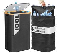BAM BOO BOX Recycling Bins for Kitchen 100L Black - Large Kitchen Recycling Bin with 2 Removable Carry Bags - Slim Bottle Storage Bin Recycle Bins Large Dustbin