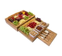 Bam&Boo - Natural Bamboo Extended Charcuterie Board and Ceramic Plates 8-Piece Set - Food & Drink for Crackers, Wine, Meat, Fruit, Nuts (Large, 16” x 12” x 2”)