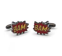 BAM! Comic Book Style Cufflinks for Men, Red and Yellow Enamel, Novelty Superhero Theme