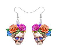 BAMAY Acrylic Flower Skull Earrings for Women, Spooky Halloween Earrings Dangle Funky Sugar Skull Gifts for Women Day of the Dead Costume Jewellery Accessories (Colorful)