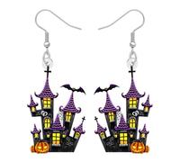 BAMAY Acrylic Spooky Haunted House Castle Earrings for Women,Bat Pumpkin Haunted Mansion Halloween Earrings Dangle Gothic Jewellery Horror Gifts (Black)