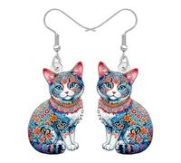 BAMAY Funny Cat Lover Gifts Boho Cat Earrings Acrylic Kitten Dangle Bohemian Jewellery Art Deco Funky Boho Gifts for Women Mom Pet Owners (Blue)