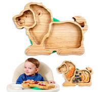 BamBamKidz Bamboo Divided Suction Plate Baby - Strong Suction Toddler Plates - Non-Toxic All Natural Eco Friendly Materials - Lion