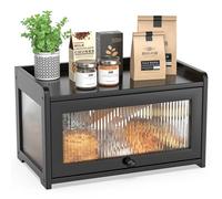 BAMBANG Bamboo Bread Bins for Kitchen, Wooden Bread Box Storage Container Box with 3 Sides Wavy & Back Clear Window, Large Breadbin Breadbox for Homemade Bread, Black