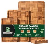 BAMBANG Bamboo Cutting Boards Set of 3 with Stand, End Grain Chopping Boards with Juice Groove, Checkerboard Design, Knife-Friendly Wooden Boards for Kitchen Prep & Serving