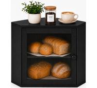 BAMBANG Corner Bread Bin for Kitchen Countertop 2 Tier Wooden Bread Storage Container with Fluted Acrylic Door, Large Capacity Farmhouse Bread Storage Box for Loaves and Snacks, Black