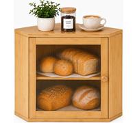 BAMBANG Corner Bread Bin for Kitchen Countertop 2 Tier Wooden Bread Storage Container with Fluted Acrylic Door, Large Capacity Farmhouse Bread Storage Box for Loaves and Snacks, Natural