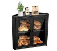BAMBANG Corner Bread Bin for Kitchen Countertop, Double Layer Bamboo Bread Storage Container with 2 Doors, Farmhouse Large Bread Box, Wooden Breadbox Holder for Homemade Bread, Black