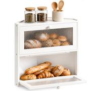 BAMBANG Corner Bread Box for Kitchen Countertop, Double Layer Bamboo Bread Storage Container, Farmhouse Large Bread Bin Counter Top, Wooden Breadbox Holder for Homemade Bread, White