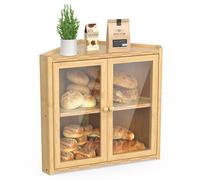 BAMBANG Corner Bread Box for Kitchen Countertop, Double Layer Bamboo Bread Storage Container with 2 Doors, Farmhouse Large Bread Bin Counter Top, Wooden Breadbox Holder for Homemade Bread, Natural