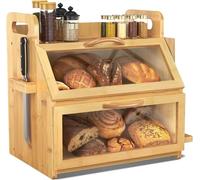 BAMBANG Extra Large Bread Bin,Double Layer Bread Box for Kitchen,Bamboo Wooden Bread Storage Container with Tool Holder & Handles & Window,2 Tier Breadbin Natural