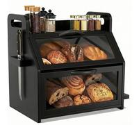 BAMBANG Extra Large Bread Box, Double Layer Bread Box for Homemade Bread, Bamboo Wooden Bread Storage Container with Tool Holder & Handles & Window, Assembly Required(38 x 28 x 40cm) Black