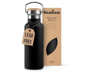 Bambaw Insulated Stainless Steel Water Bottle 500ml, Double-Walled Metal Water Bottle 500ml, Reusable & Lightweight, Easy to Clean & Fits Cup Holder, Great for Travel (Jet Black)