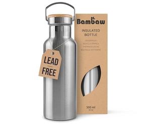 Bambaw Insulated Water Bottle 500ml, Stainless Steel Water Bottles for Hot & Cold Drinks, Double-Walled, Sleek & Reusable, Easy to Carry for School, Gym or Travel (Natural Steel)