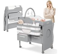 Bambee Baby Changing Table with Wheels - Modern Dresser Changing Tables w/Hanging Toys, Laundry Bag, Changing Table Organizer Boxes - Folding Waterproof Baby Diaper Changing Station for Nursery Room