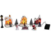 Bambelaa! Christmas Town 9-Piece Winter Village Christmas Scene LED Illuminated Warm White Figures Decorative Table Indoor Houses Battery Operated