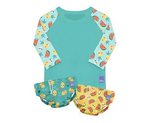 Bambino Mio, Reusable Swim Set Tropical, 6-12 Months - 2 Swim Nappies and Rash Vest Top, Baby and Toddler, Sun Protection UPF40+