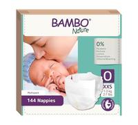 Bambo Nature Premium Eco Nappies, Premature Size 0 (1-3kg) XXS, Pack of 144, Eco-Labelled Sustainable Nappy, Enhanced Leakage Protection, Secure and Comfortable Baby Nappies