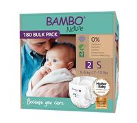 Bambo Nature Premium Eco Nappies, Size 2 Nappies (7-13lb/3-6kg), Mini, 180PK Eco-Labelled Nappy, Enhanced Leakage Protection, Secure and Comfortable Baby Nappies