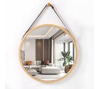 Bambo Round Wall Mirror, 17.7in Adjustable Leather Strap Makeup Mirror for Home Decor, Bathroom, Living Room, Bedroom, Entryway - Slish Wood Accent