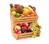 Bamboo 2-Tier Fruit & Veg Basket - Kitchen Counter Organizer with Stable Base - Sturdy Kitchen Storage Organizer for Fruits, Vegetables, Snacks, Bread Storage- Space Saving Countertop Display Stand