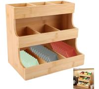 Bamboo 3 Tier Vertical Tea Bag Organizer Holds,Tea Bag Storage.180+ Tea Bags, Coffee Capsules & Sugar Packets Elegant Stackable Storage Caddy for Home Kitchen Office Café