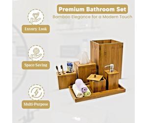 Bamboo 6 Piece Bathroom Set Soap Dispenser Tumbler Tray Bin Tissue Box Oganiser