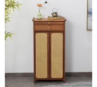 Bamboo Altar Table Handcrafted Chinese Pooja Cabinet with Woven Rattan Doors, Multi-Tier Entryway Tablewith Shelf & Hidden Storage for Hallways, Living Rooms & Home Offices,Walnut,62x38x101cm