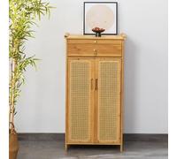 Bamboo Altar Table Handcrafted Chinese Pooja Cabinet with Woven Rattan Doors, Multi-Tier Entryway Tablewith Shelf & Hidden Storage for Hallways, Living Rooms & Home Offices,Wood,62x38x101cm