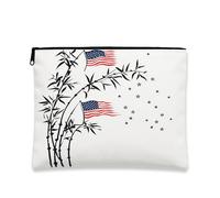 Bamboo American Flag Travel Cosmetic Bag, Patriotic Starry Night Makeup Zipper Pouch, Portable Canvas Organizer for Women, Fall Autumn Gift Toiletry Bag, White, 7x9 Inch, Bamboo