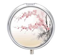 Bamboo and Cherry Blossoms Pill Box 3 Compartment Round Small Pill Box for Pocket Purse Metal Travel Pill Case Portable Daily Pill Organizer Cute Compact Medicine Organizer Mini Pill Container