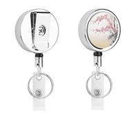 Bamboo and Cherry Blossoms Tree Zen Badge Holder Retractable Nylon Cord Badge Holder Heavy Duty Key Ring Metal Badges Clip for ID Card Carabiner Key Card Work Badges Name Card Clip