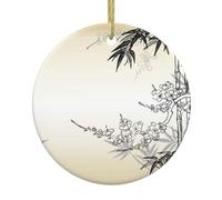 Bamboo And Cherry Blossoms Tree Zen Christmas Ceramic Ornament,Double-Sided Printed Round Bauble With Gold String,Unique Dual-Face Design For Xmas Tree Home Festive Decor