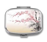 Bamboo and Cherry Blossoms Tree Zen Pill Box 2 Compartment Small Square Pills Case Portable for Pocket Pill Organizer Travel Metal Pill Holder for Office Home Vitamin Medicine Fish Oil