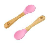 bamboo bamboo ® Baby Weaning Spoons Set of 2 | Bamboo with Soft Silicone Tips | Ergonomic Easy Grip Handles | BPA-Free (Set of 2, Pink)