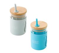 bamboo bamboo Sippy Cup, Straw Cups for Toddlers, Glass Jar with Bamboo Lid & Silicone Impact Sleeve, Perfect for Drinks & Smoothies, 350ml Capacity Baby Cup for Transitioning Toddlers (Blue/Grey)