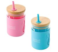 bamboo bamboo Sippy Cup, Straw Cups for Toddlers, Glass Jar with Bamboo Lid & Silicone Impact Sleeve, Perfect for Drinks & Smoothies, 350ml Capacity Baby Cup for Transitioning Toddlers (Blue/Pink)