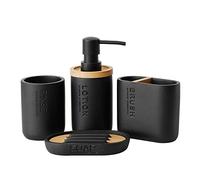 Bamboo Bathroom Accessories Set of 4 with Decorative Wooden Soap Dispenser and Bamboo Soap Dish, Toothbrush Holder, Home Decor (Black)