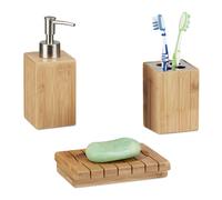 Relaxdays Bamboo Bathroom Accessories Set of 3, Soap Dispenser, Soap Dish and Toothbrush Holder, Natural