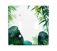 Bamboo Bathroom Double Light Switch Cover Plate, Nature Modern Rocks Ferns Spring Green Plastic Standard Size Toggle Light Switch Cover for Living Room Bedroom Home Office Decor