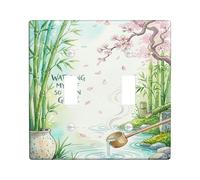 Bamboo Bathroom Double Light Switch Cover Plate, Nature Zen Cherries Blossom Watering Can Spring Green Plastic Standard Size Decorative Wall Plates for Bedroom Office Kitchen Entrance Decor