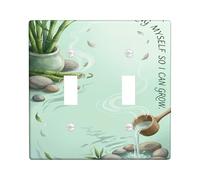 Bamboo Bathroom Double Light Switch Cover Plate, Zen Nature Watering Can Stones Spring Green Plastic Standard Size Toggle Light Switch Cover for Living Room Bedroom Home Office Decor