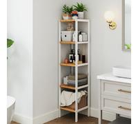 Bamboo Bathroom Shelf, 5-Tier Freestanding Narrow Shelf Unit, Multifunctional Storage Shelf, Cloud White + Natural Beige