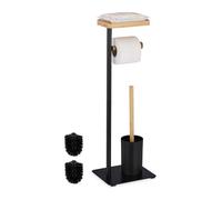 Bamboo Black WC Set Replacement Brush Heads Standing Toilet Roll Holder Steel