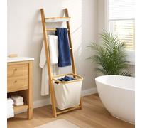 Bamboo Blanket Ladder with Laundry Basket, Free-Standing Towel Rack, Wooden Storage Shelf & Decorative Towel Ladder for Bathroom, Bedroom or Living Room