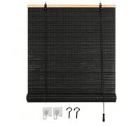 Bamboo Blinds for Indoor Windows, Roman Roller Shades, Light Filtering Woven Wood Roll Up Window Blinds for Outdoor Patio, Porch & Home(Black,W80xH90cm)