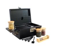 Bamboo Box with Combination Lock, Decorative Box with Handle, Large Storage Stash Box Set, Removable Dividers, 3 Glass Jars, Bamboo Herb Roller, Tray Insert & 3 Tubes Accessory Tools Kit (Black)