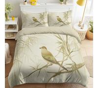 Bamboo Branches Flowers and Birds Artistic Pale Green Duvet Cover Set Single Size 200 x 200 cm, Natural Minimal Calm Bedding Set Quilt Cover with 2 Pillowcases, Soft Microfibre for Adult Bedrooms